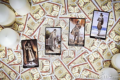 Tarot cards Reading. Pages of pentacles, swords, cups, wands. Editorial Stock Photo