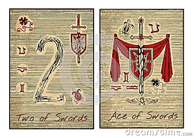 The tarot cards in red. Ace of swords Vector Illustration