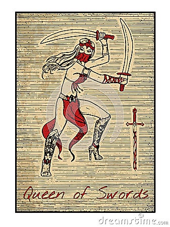 The tarot cards in red. Queen of swords Vector Illustration