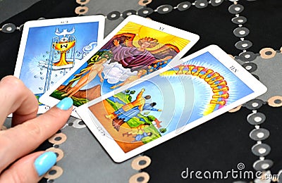 Tarot Cards Three card Spread Ace of Cups The Lovers Ten of Cups Stock Photo