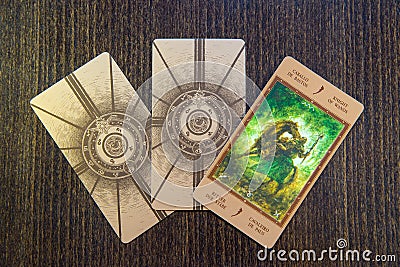 Tarot cards on the wood. Labirinth tarot deck. Esoteric background. Editorial Stock Photo