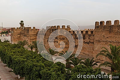 Taroudant old medieval defensive wall and palms alley, Morocco Stock Photo