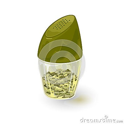 Tarragon spice is in glass pepper caster, tin, jar with green plastic lid. Vector Illustration