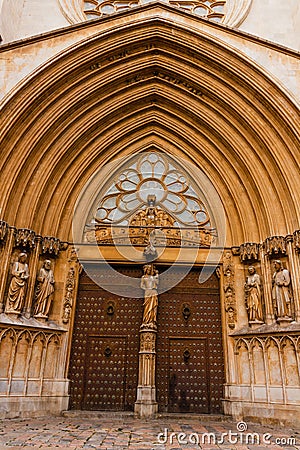TARRAGONA,SPAIN-APRIL 25,2018 : The facade of the cathedral of Tarragona is in Romanesque and Gothic style Editorial Stock Photo