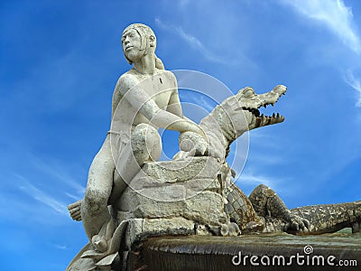 TARRAGONA, SPAIN - 06.07.2022: Detail indian boy with crocodyle on Fountain of the Centenary Stock Photo