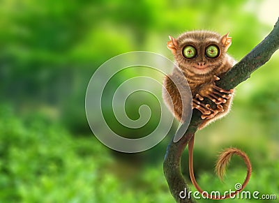 Tarsier monkey in natural environment. Digital art. Stock Photo
