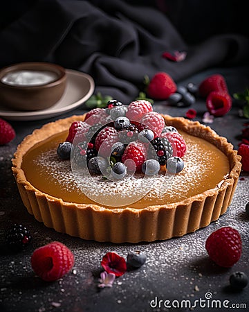 Tart with berries on a black background. Selective focus. Stock Photo