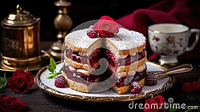 Tart with berries jam. Exquisite linzer cake with raspberry jam Stock Photo