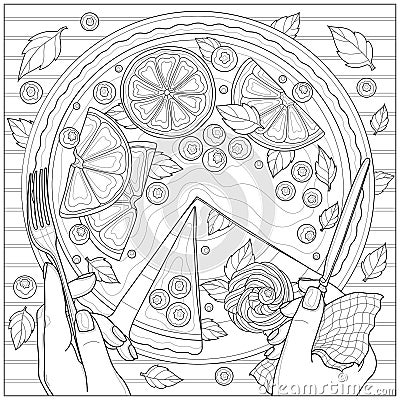 Tart with orange, lemon, blueberries and mint. Delicious dessert.Coloring book antistress for children and adults Stock Photo