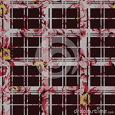 Tartan with peony flowers background Vector Illustration