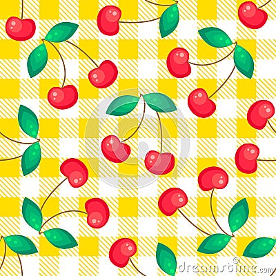 Tartan plaid with cherries seamless pattern Vector Illustration
