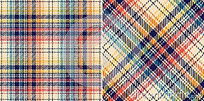 Tartan plaid pattern for autumn winter in navy blue, orange, red, yellow, beige. Seamless multicolored small check pattern set. Vector Illustration