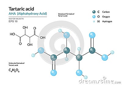 Tartaric acid. AHA Alphahydroxy acid. Structural chemical formula and molecule 3d model. Atoms with color coding. Vector Vector Illustration