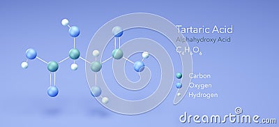 Tartaric acid, Alphahydroxy Acid. Molecular structure 3d rendering, Structural Chemical Formula and Atoms with Color Coding, 3d Stock Photo