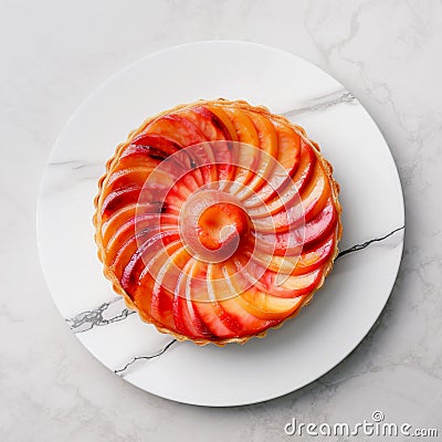 Tarte tatin, upside down apple tart on round plate on marble background, traditional french apple pie with caramelized apples on Stock Photo