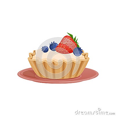 Tartelette with vanilla cream, decorated with fresh strawberry and blueberry. Sweet and tasty dessert. Flat vector Vector Illustration