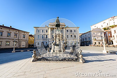 Tartini square with town hall and City Library in Piran. Stock Photo