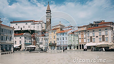 Tartini Square View in Old Town Piran, Slovenia, Europe Editorial Stock Photo