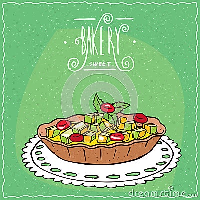 Tartlet with berries and apple on lacy napkin Vector Illustration