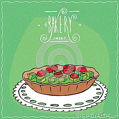 Tartlet with berries and kiwi on lacy napkin Vector Illustration