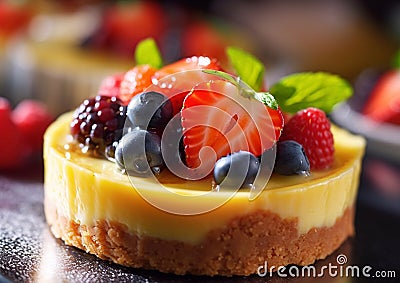 Tartlet cake slice with various fresh berries and cream.Macro.AI Generative Stock Photo