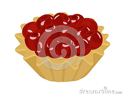 Tartlet with fresh cherries and cream. Raster illustration on white background. Cartoon Illustration