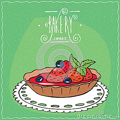 Tartlet with fresh strawberries on lacy napkin Vector Illustration