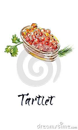 Tartlet with red caviar. Gourmet food, appetizer. Close-up salmon caviar. Delicatessen. Gourmet food. Seafood, watercolor vector Vector Illustration