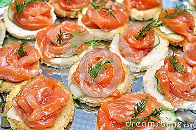 Tartlets with salmon, dill and cucumber Stock Photo