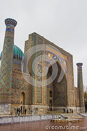 Tashkent, Uzbekistan - March 17, 2016: Sher Dor madrasah on Registan square Editorial Stock Photo