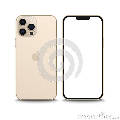 TASHKENT, UZBEKISTAN - SEPTEMBER 15, 2021: Gold iphone 13 pro mockup, Smartphone mock up with white screen, iphone Vector Illustration