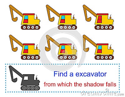 Task for attentiveness. Find a excavator from which the shadow falls. Cartoon Illustration