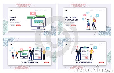 Task Completed Landing Page Template Set. Characters Triumphing with Raised Hands and Scattered Papers on Workplace Stock Photo