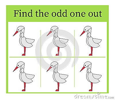 Task for development of attention and logic. Cartoon heron Vector Illustration