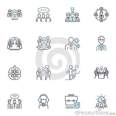 Task distribution line icons collection. Delegation, Assignment, Allocation, Division, Allotment, Dispensation, Sharing Vector Illustration