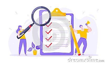 Task done business concept tiny people with megaphone, magnifying glass and pencil Vector Illustration