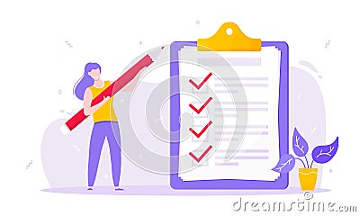 Task done business concept with tiny person with pencil nearby giant clipboard complete checklist Vector Illustration