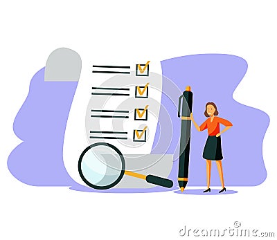 Task done vector illustration. Flat tiny check to do list persons concept. Symbolic positive and approved checklist or completed Cartoon Illustration