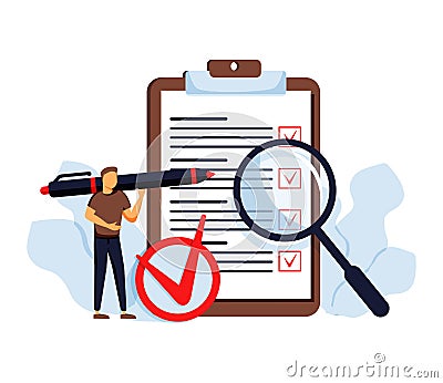 Task done vector illustration. Flat tiny check to do list persons concept. Symbolic positive and approved checklist or completed Cartoon Illustration