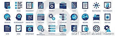 Task icon set in flat duotone solid icons web design. Pack pictograms with to do list, assignment, duty, project Vector Illustration