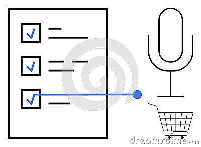 Task List with Voice Command and Shopping Cart Concept in a Minimalist Design Vector Illustration