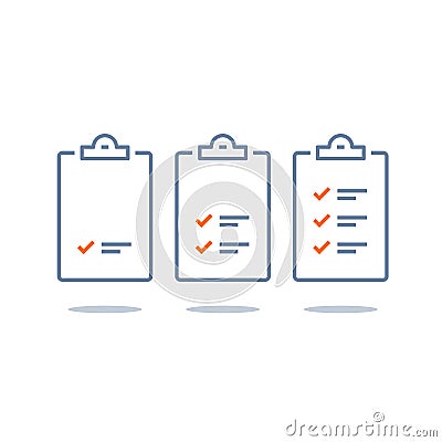 Efficient work, project plan, task management check list, fast progress, level up concept, short questionnaire, opinion survey Vector Illustration