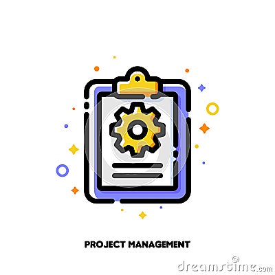 Task management checklist icon with clipboard and gear for project plan or efficient work concept. Flat filled outline style Vector Illustration