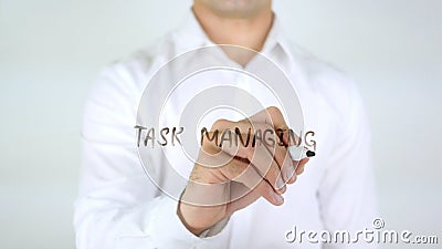 Task Managing, Man Writing on Glass Stock Photo