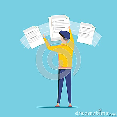 Task performance, online management on the service desk, board. Cute cartoon manager moving file document during work Vector Illustration