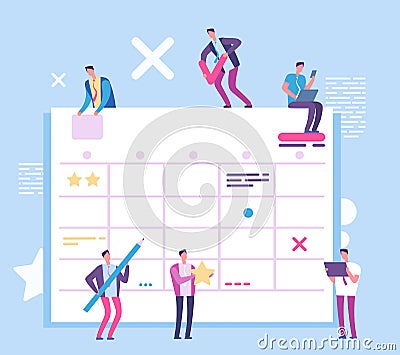 Task planning board. People with big scrum process board. Business and ream working vector concept Vector Illustration