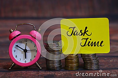 Task time concept. Task time text written on paper with money. Stock Photo