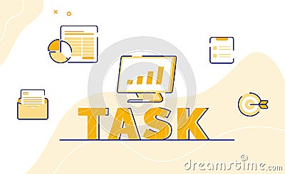 task typography word art background of icon email message pie bar chart clip board target with outline style Vector Illustration