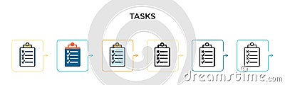Tasks vector icon in 6 different modern styles. Black, two colored tasks icons designed in filled, outline, line and stroke style Vector Illustration