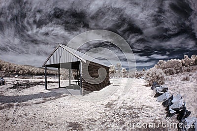 Tasmania rural house lake and grassland Stock Photo